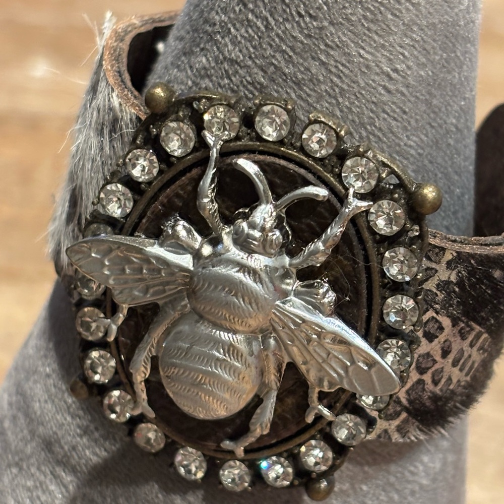 Silver Bee Brooch hair on hide bracelet with Rhinestones